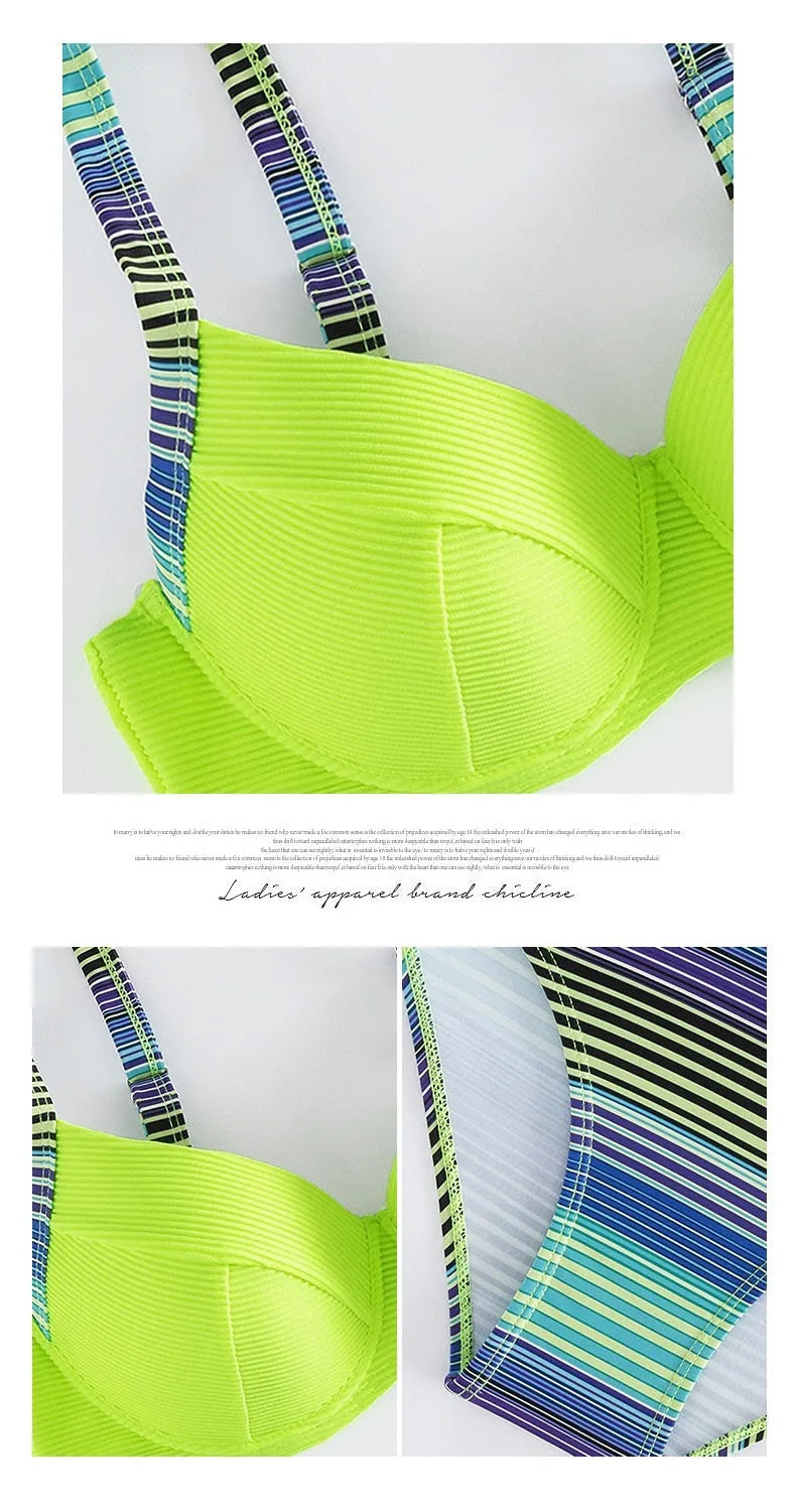 Green printed women's halter bikini set with split briefs on a mannequin