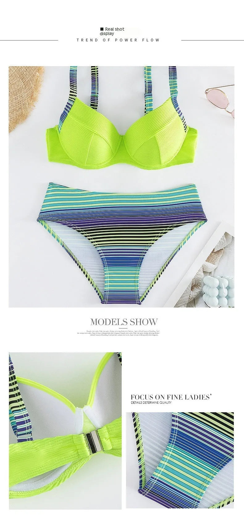 Green printed women's halter bikini set with split briefs on a mannequin
