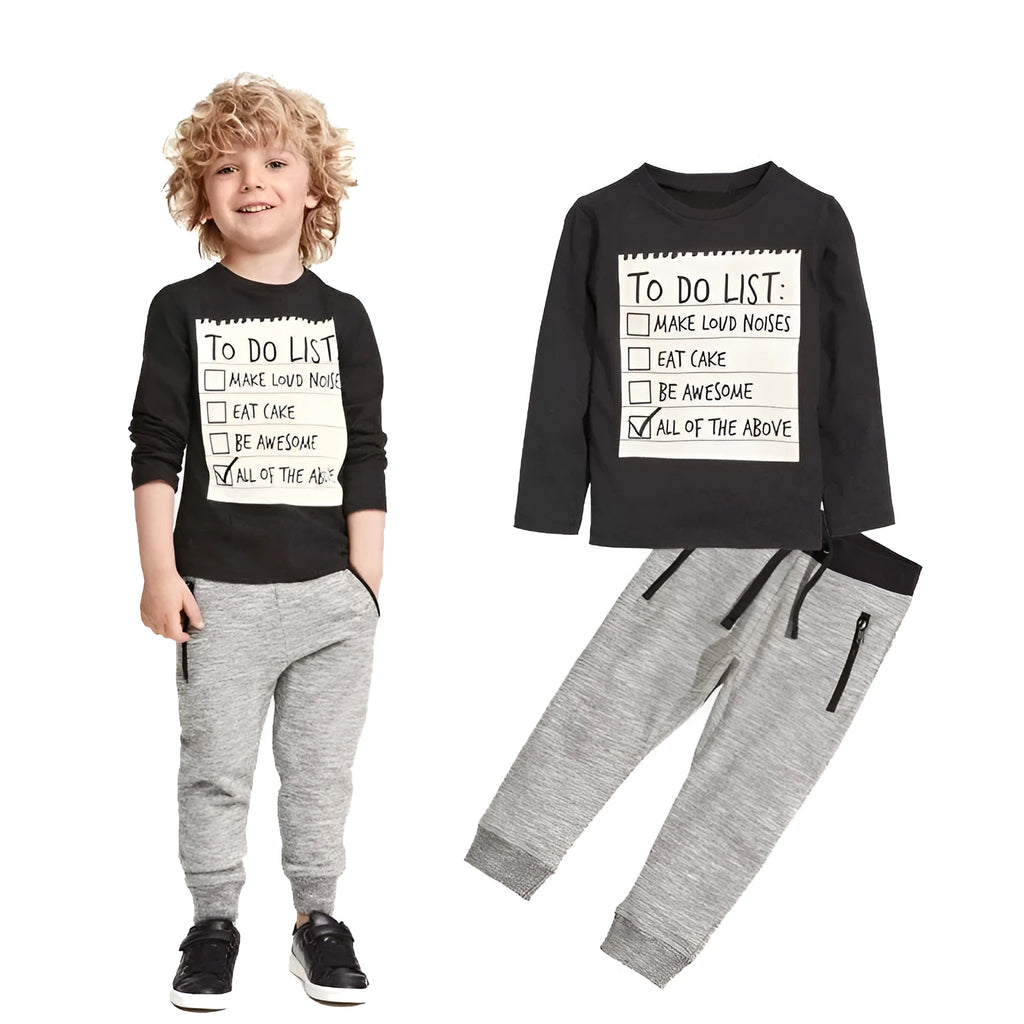 Boys' two-piece cotton casual suit with long sleeve letter print t-shirt and pants.