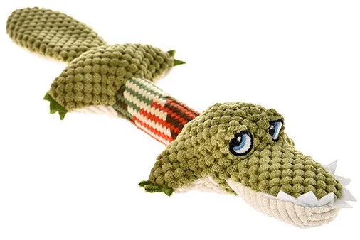 Set of two plush dog toys: crocodile and long-tailed fox made from polyester with squeakers