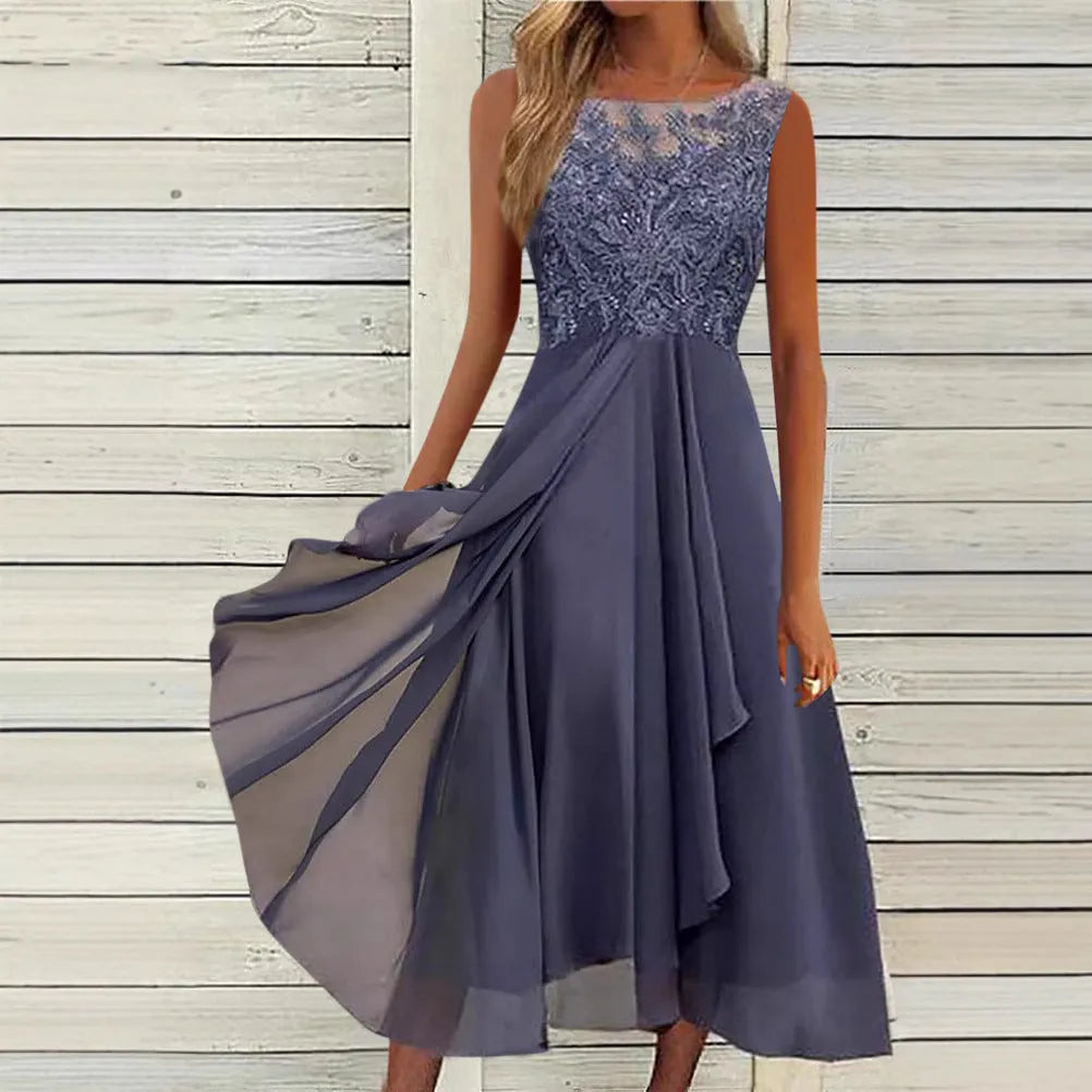 Women's sleeveless chiffon dress with lace hollow-out detailing in green, purple, or blue