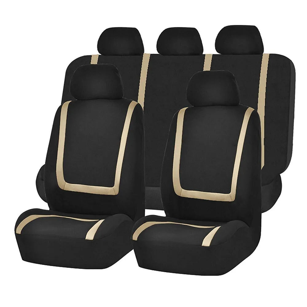Universal four seasons car seat cover set in beige and black fabric installed on car seats.