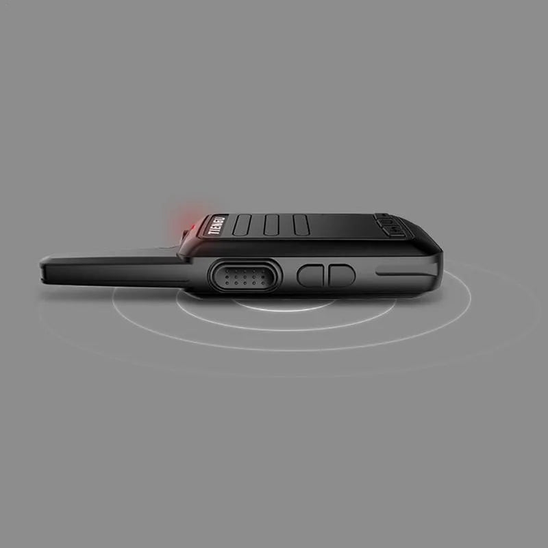 TIENGU Wireless Handheld Radio Intercom in black, showing LED flashlight and back clip on solid background