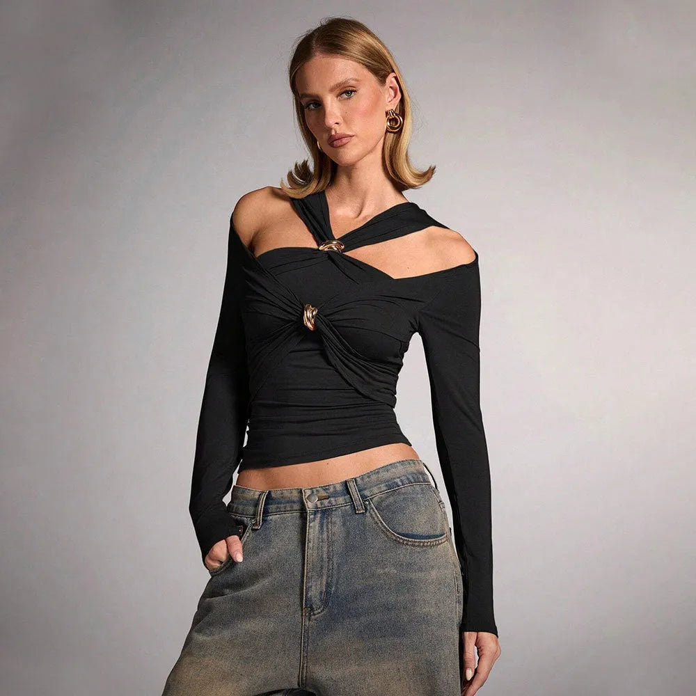 Black women's halter top with long sleeves and slim fit fashion styling
