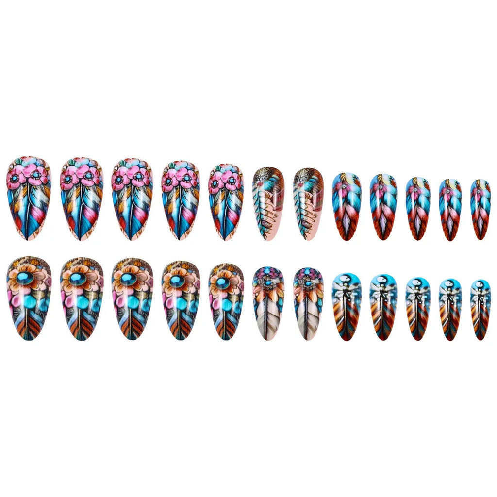 Retro colourful feather wearing armour nail art set with cartoon designs and plastic Jelly Glue burnishing stick