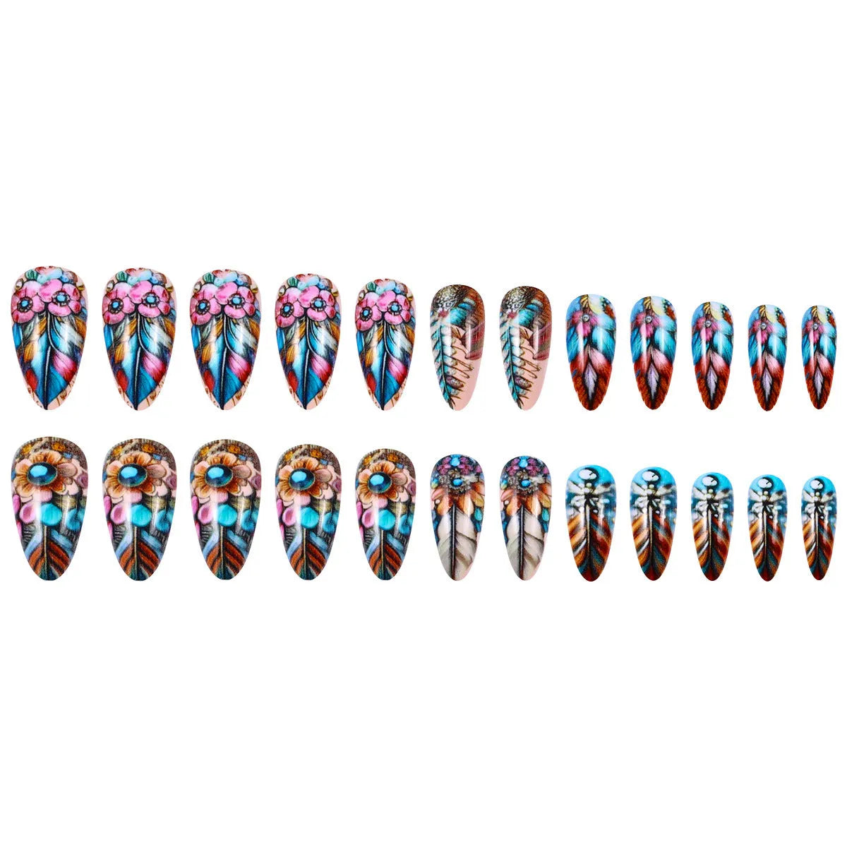 Retro colourful feather wearing armour nail art set with cartoon designs and plastic Jelly Glue burnishing stick