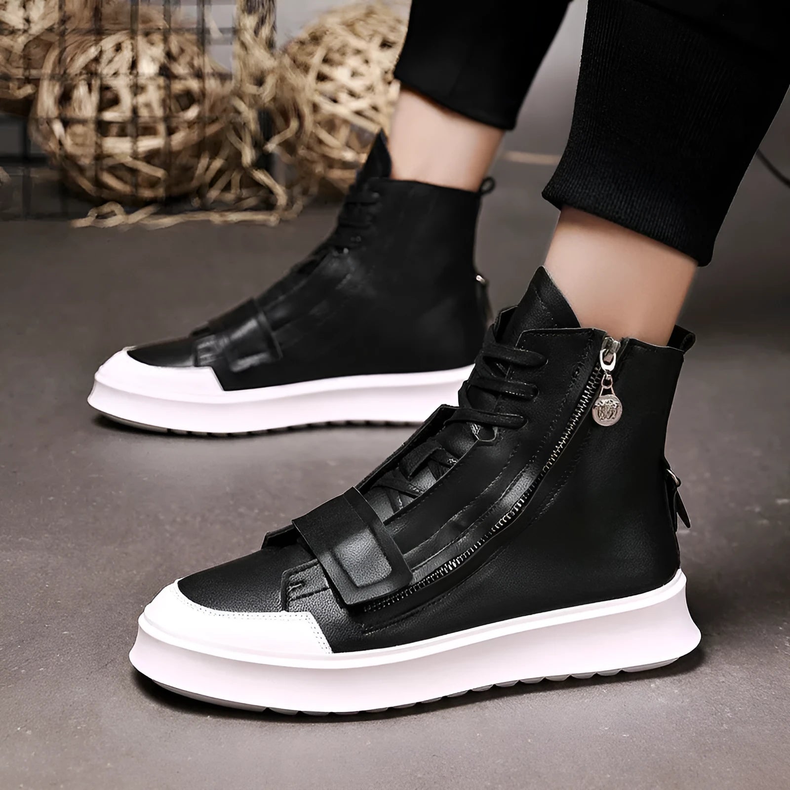 Men's black and white winter ankle boots with high-top sneaker design and PU leather microfiber upper