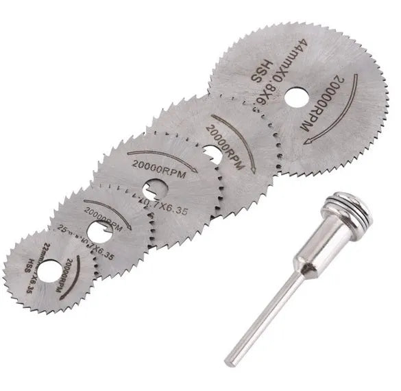 6 piece circular saw blade set with mandrel for rotary tools, high speed steel construction