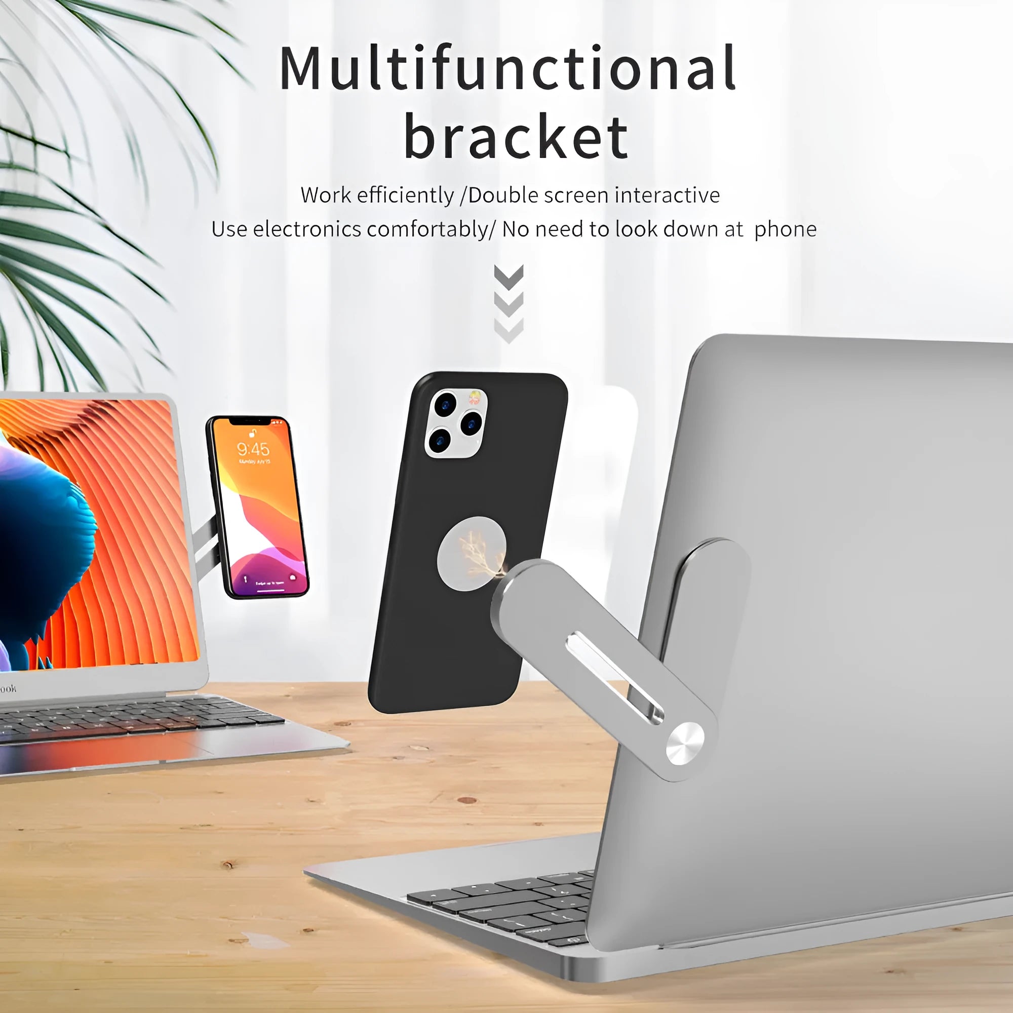Silver aluminium bracket holding a mobile phone flush beside a laptop screen on a desk.