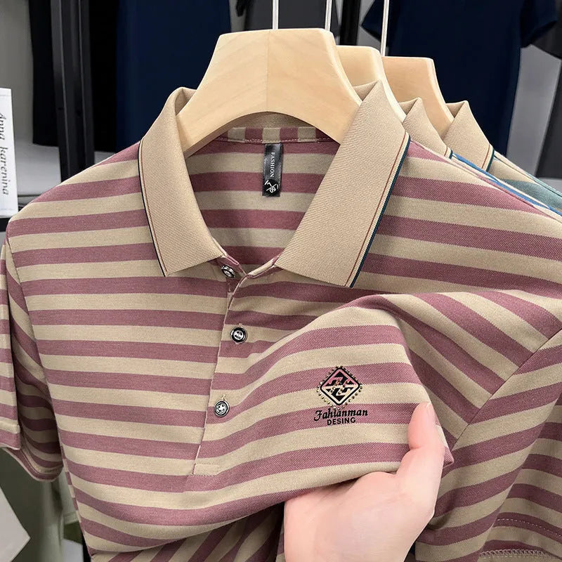 Men's striped casual short sleeve shirt with mosaic pattern detail in red, blue, or green colour options.