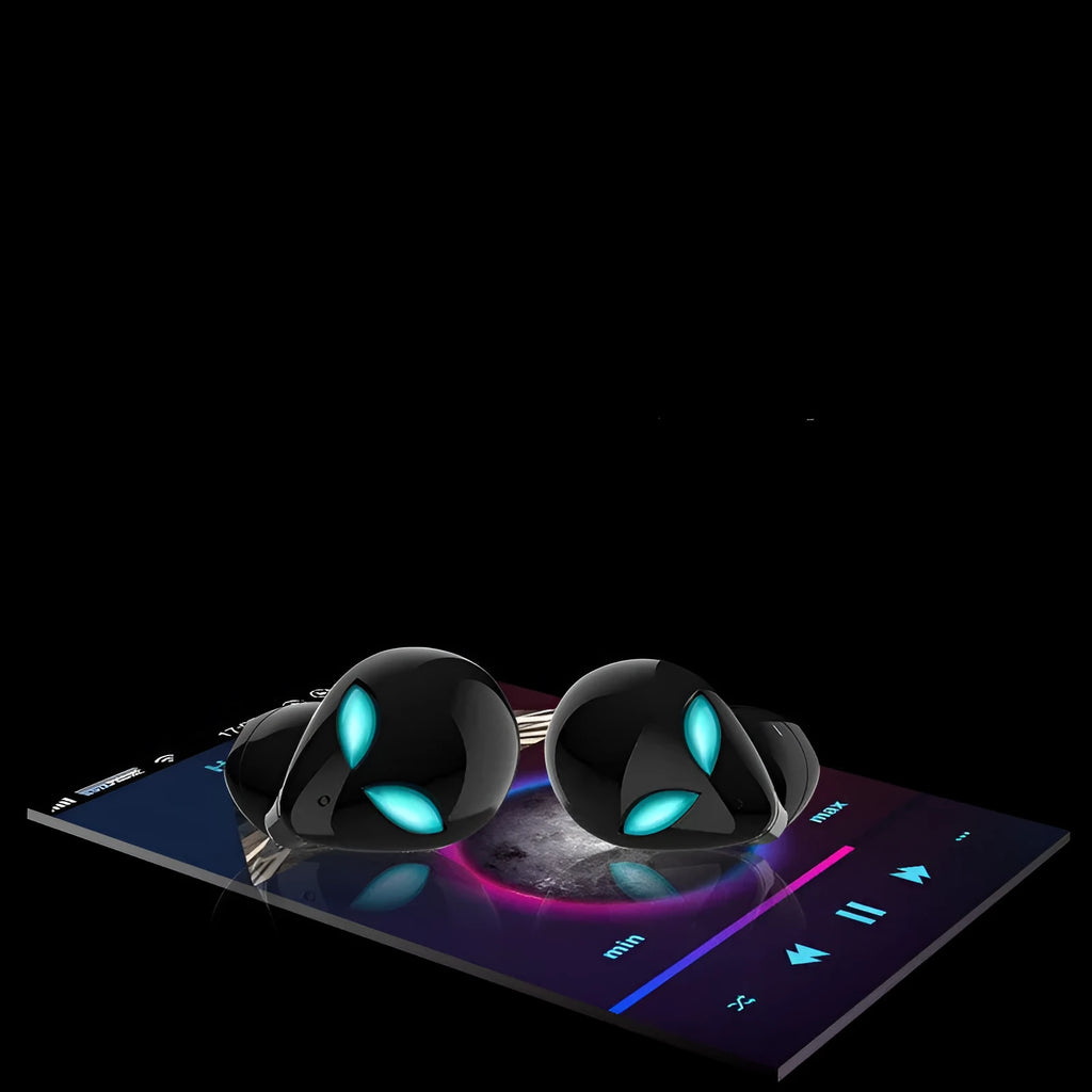 Starman T8 Alien design Bluetooth wireless earbuds with charging case showing coloured LED lighting effects