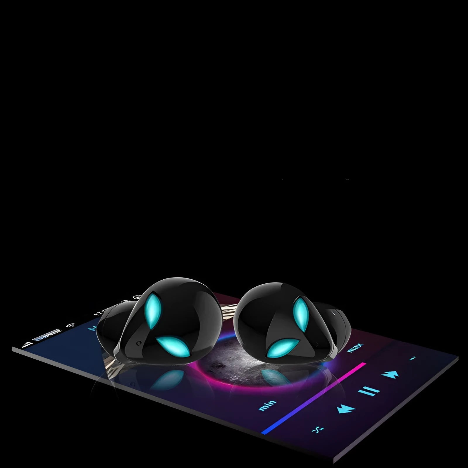 Starman T8 Alien design Bluetooth wireless earbuds with charging case showing coloured LED lighting effects