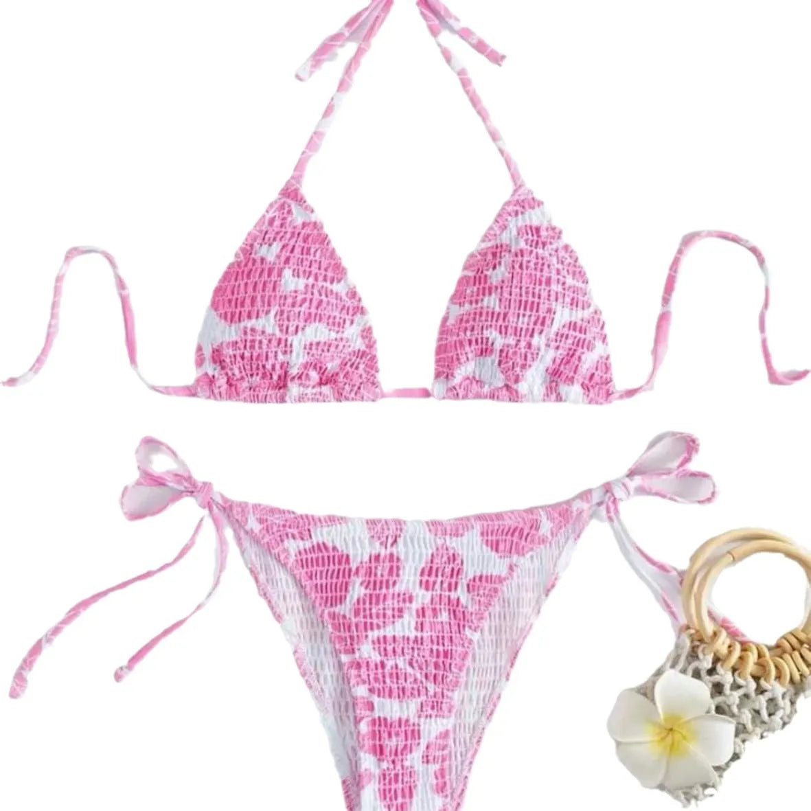 Women's floral print halter swimsuit bikini set in light blue on a mannequin