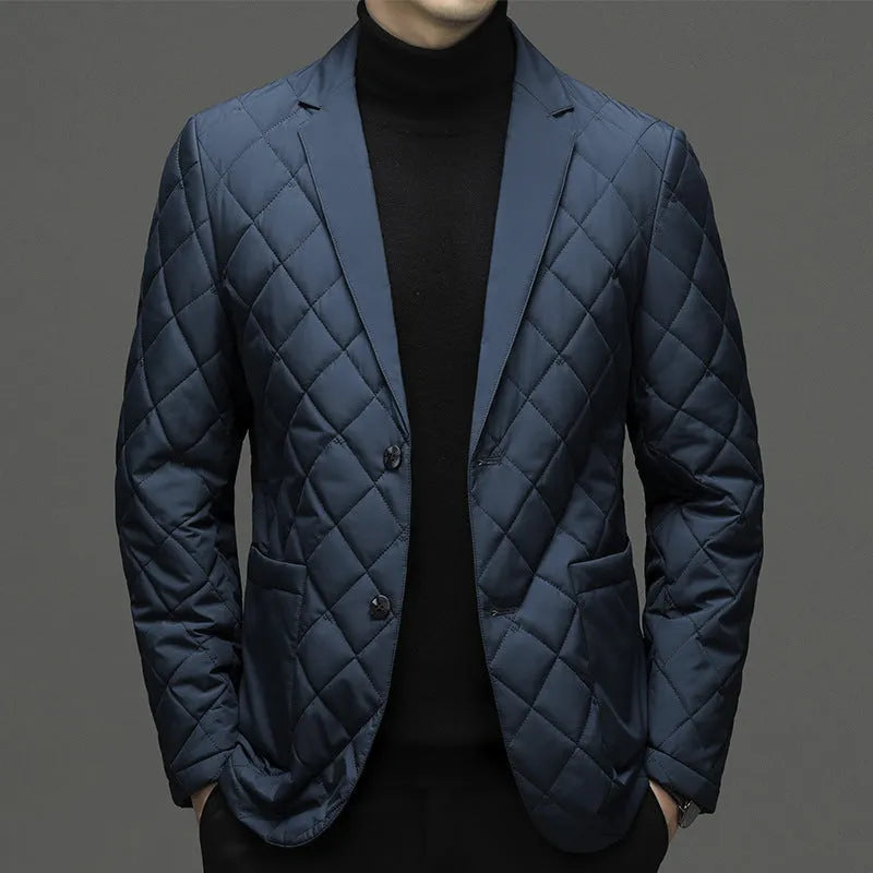 Men's solid colour down jacket cardigan with lapel collar and side seam pockets.