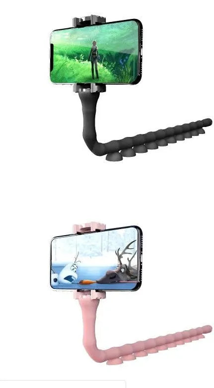 Flexible black rubber phone holder with suction cup wrapped around a bicycle handlebar, showing a phone mounted at an angle.