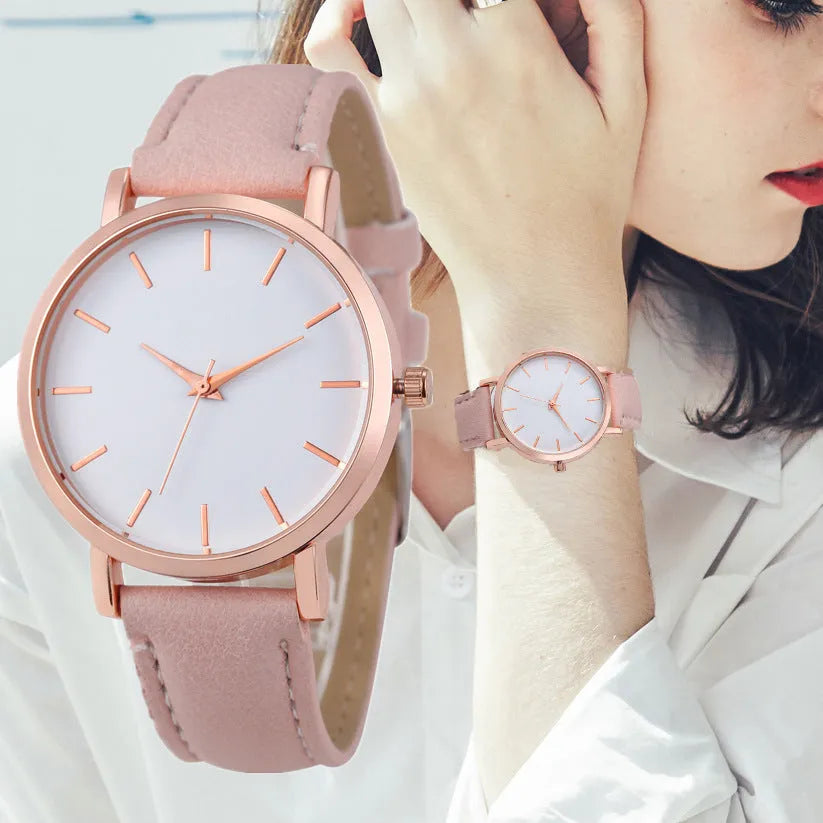 35.5mm square alloy case quartz watch with a PU leather strap, shown in a selection of colours.