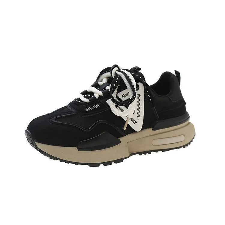 Women's black retro platform sports shoes with artificial PU upper and rubber sole