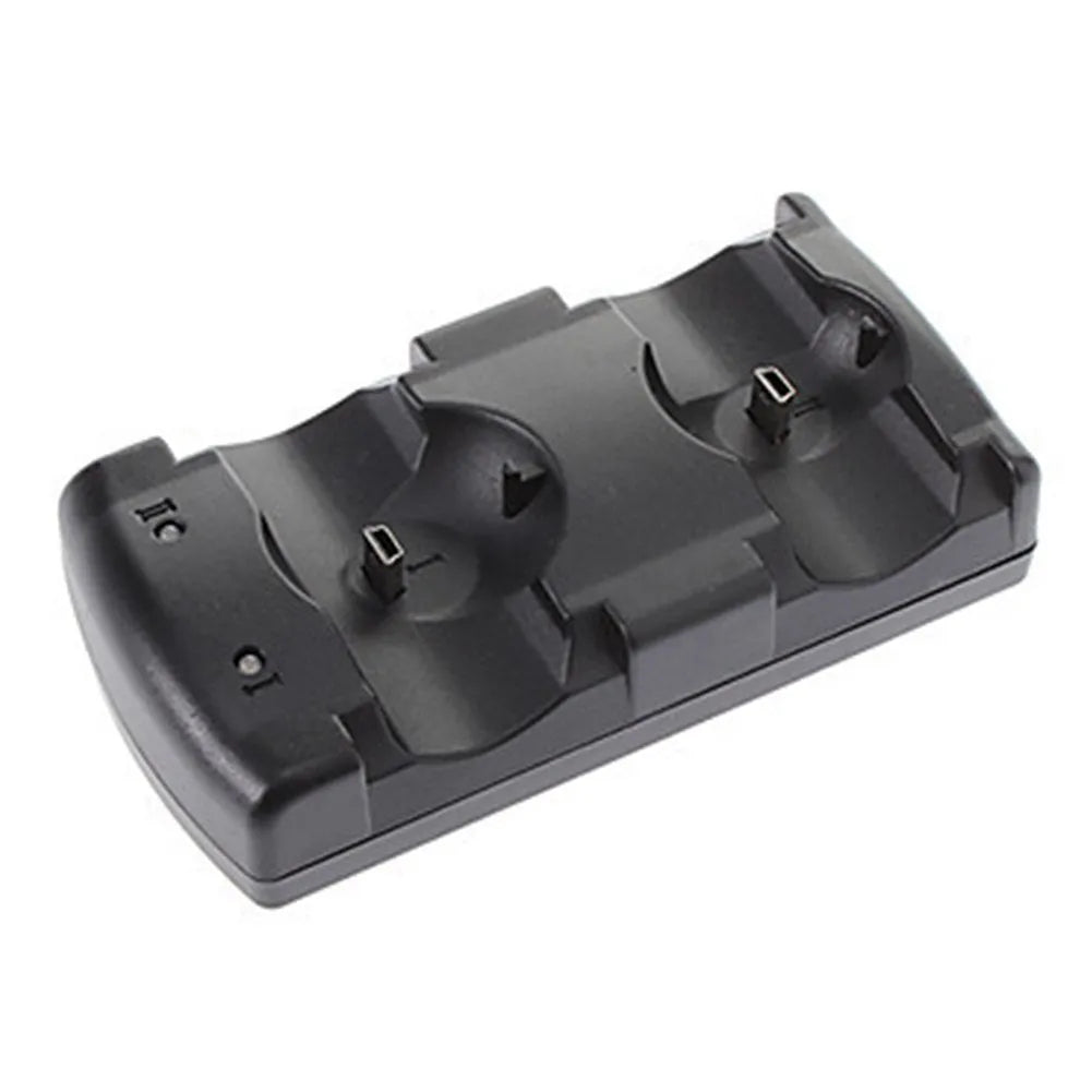 Black PS3 dual controller charging dock station with USB cable, shown charging two wireless controllers.