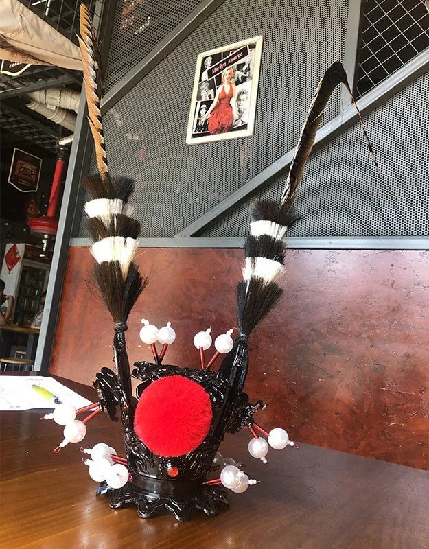 Zijin crown feather motorcycle helmet decoration with 1.1m quill and gold crown ornament in black colour