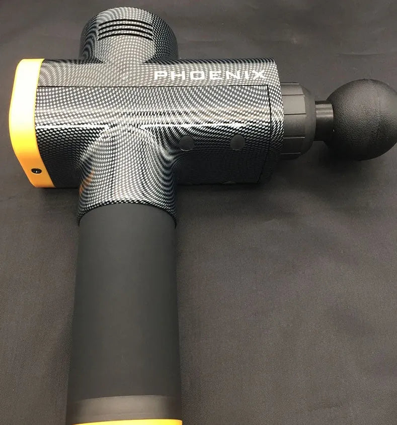 Silver and black fascia massage gun with four interchangeable heads on white background