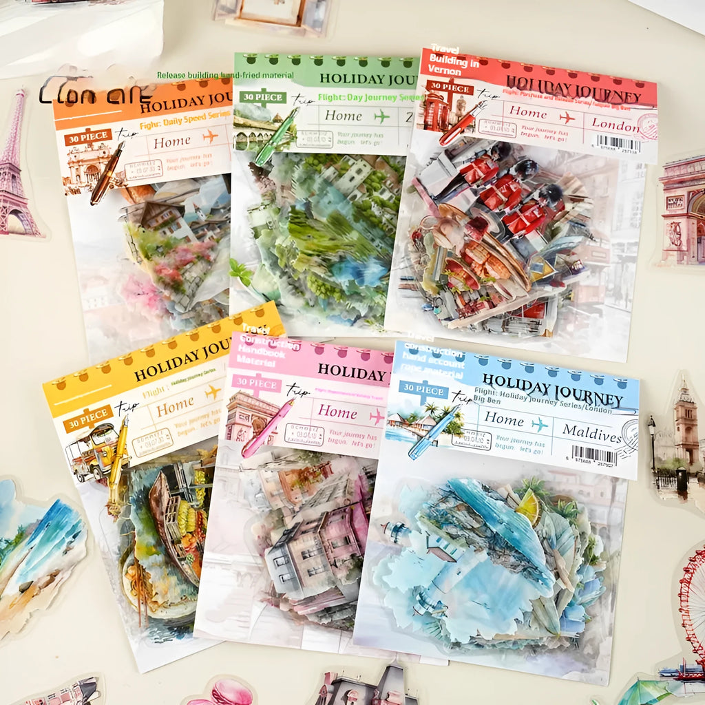 Architecture journal stickers with London Big Ben, Paris Arc de Triomphe and four other landmark designs in retro style