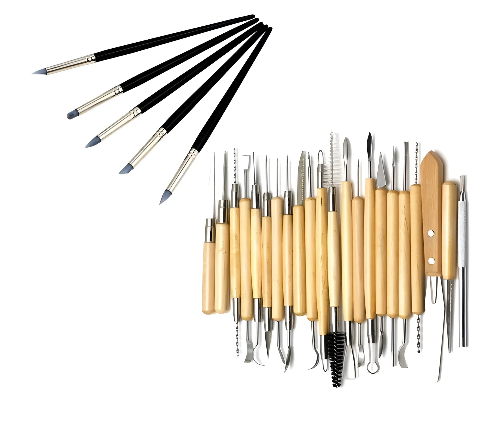 Brown 27-piece pottery tool set with storage roll, containing wood, stainless steel, and plastic clay modelling tools.