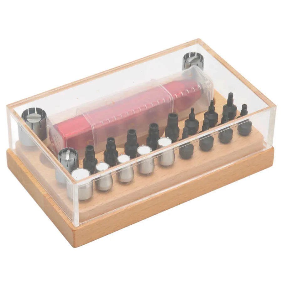 Set of 20 steel watch repair extracting tubes in a storage case for barrel opening and movement repairs
