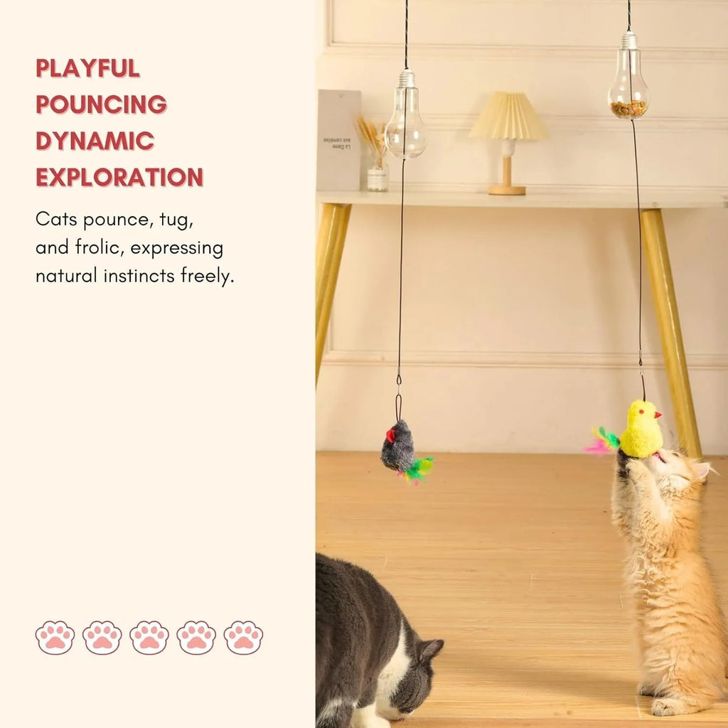 Interactive cat toy with elastic cord, dangling mouse and chicken toys, and treat dispenser bulb