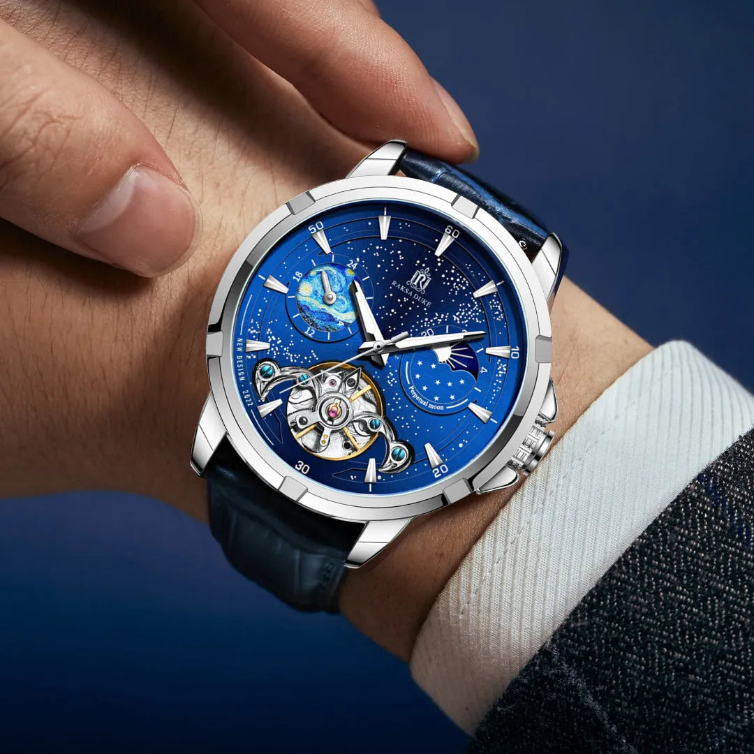 Men's blue automatic mechanical watch with exhibition back showing movement
