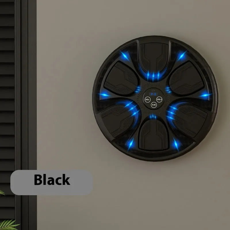Black leather and PP intelligent music boxing machine wall target with gloves for home training.