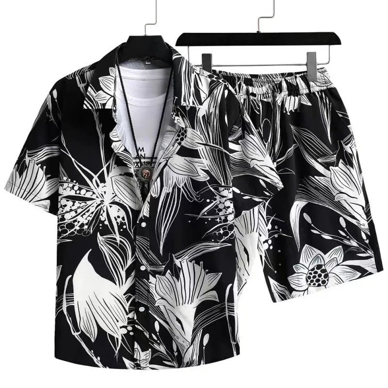 Men's casual digital print cardigan suit with short sleeves and matching shorts on a hanger.