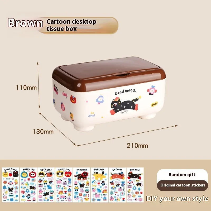 Red and brown cartoon sticker designs on a plastic desktop storage box with grid organiser compartments.