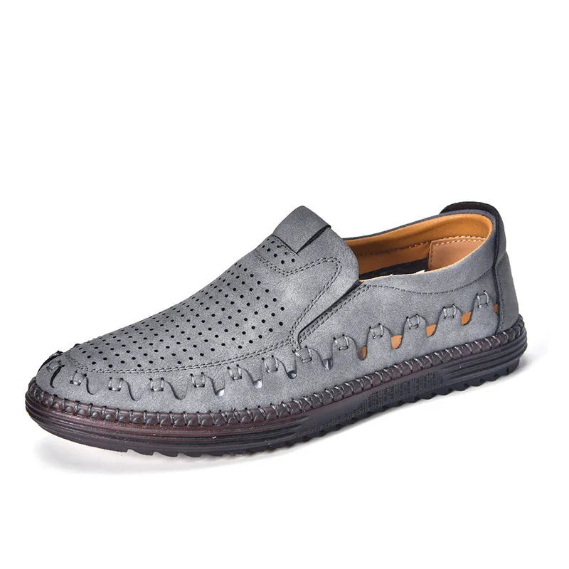 Men's brown casual slip-on leather shoes with round toe and flat sole.