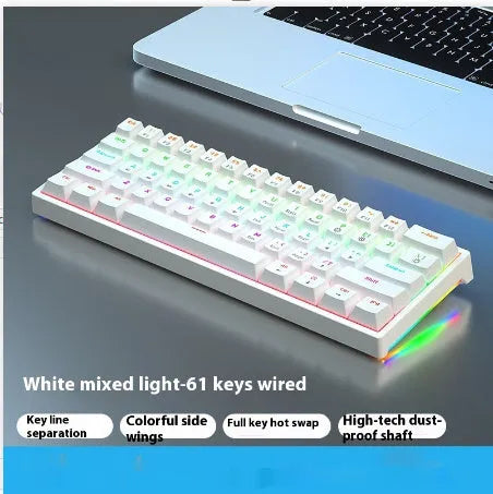 Bluish-black 61-key mechanical keyboard with hot-swappable switches on a desk
