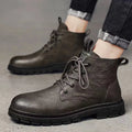 Men's high-top black leather Martin boots with front lacing, square heel, and stitched PU upper