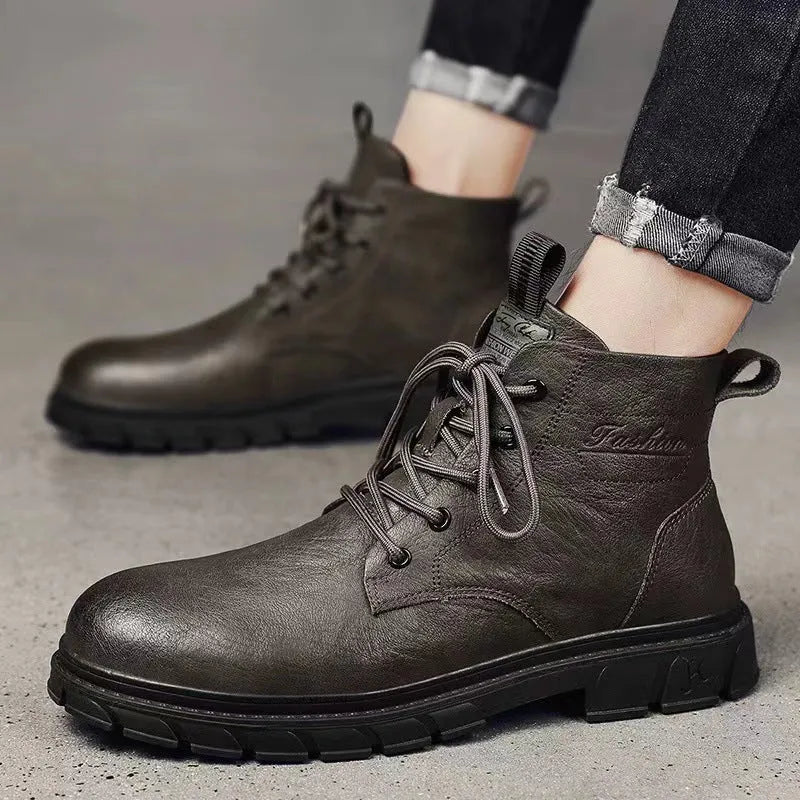 Men's high-top black leather Martin boots with front lacing, square heel, and stitched PU upper