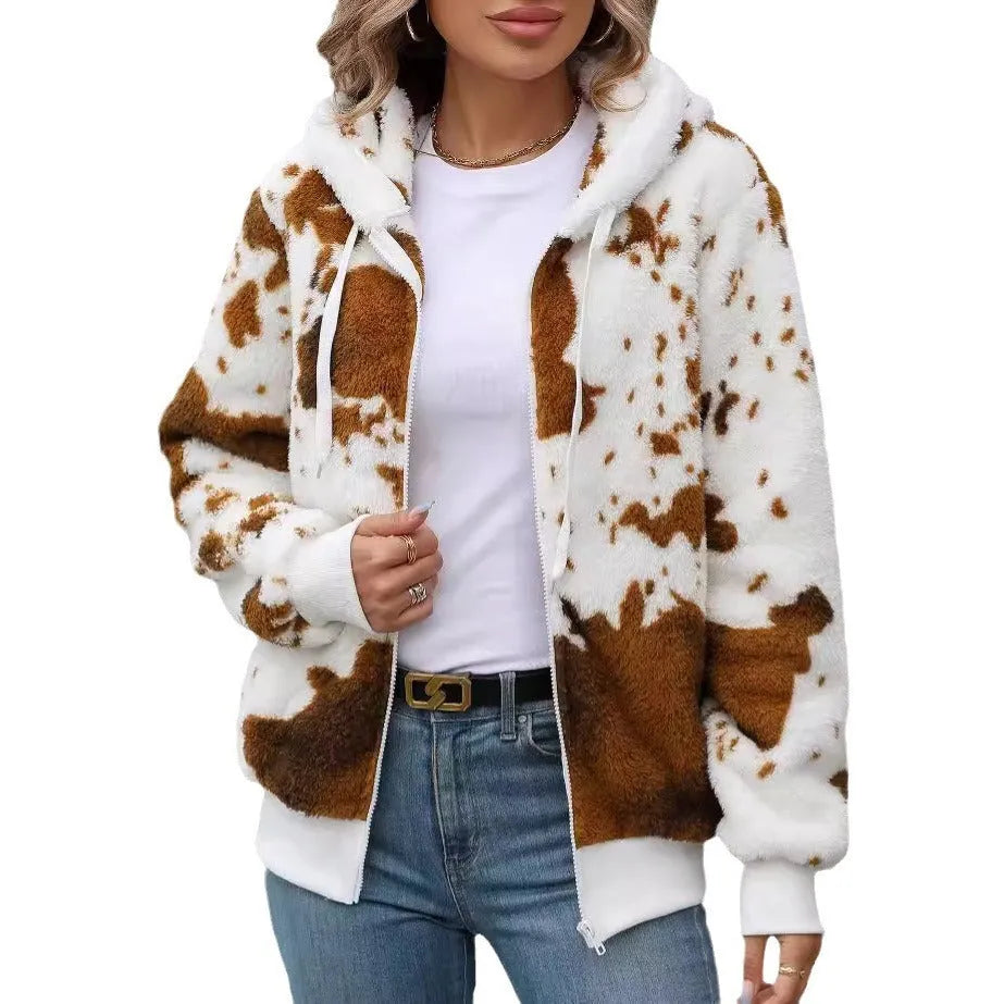 Yellow brown cow print hooded cardigan jacket with zipper front closure