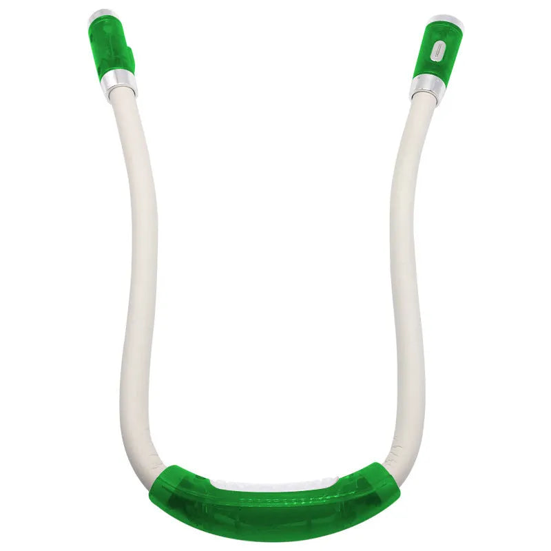 Flexible neck hug book light with LED reading lamp in three colour options: black, blue, green, and red on a table