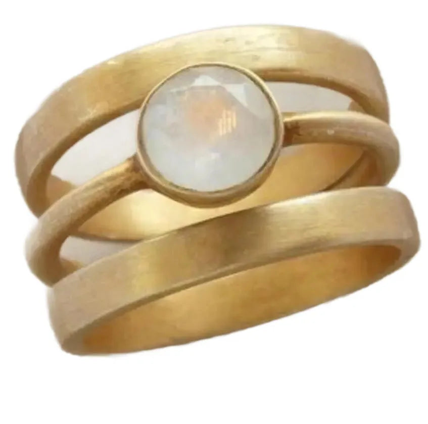 Gold plated geometric titanium steel ring with micro-inlaid white chalcedony detail showing linear design elements