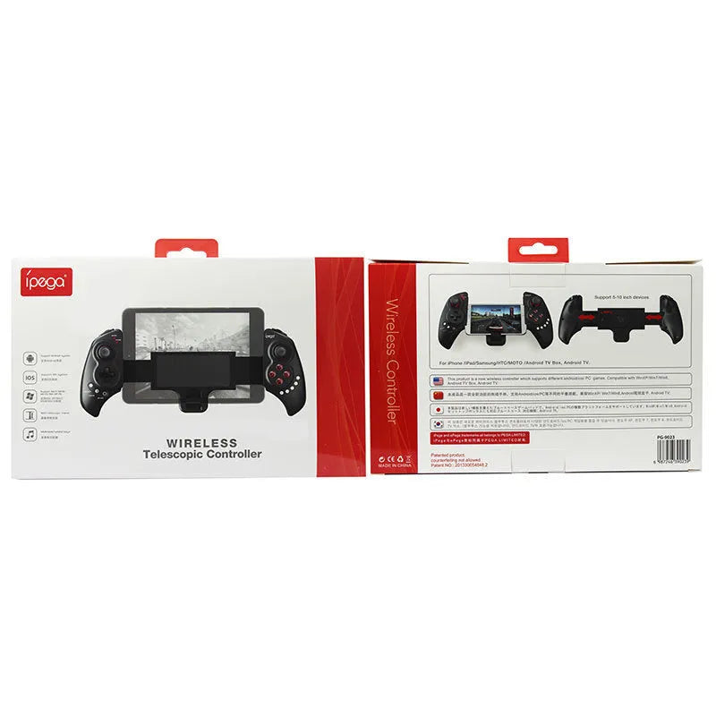 PG-9023 wireless telescopic game controller extended with a phone inside, showing buttons and USB port.