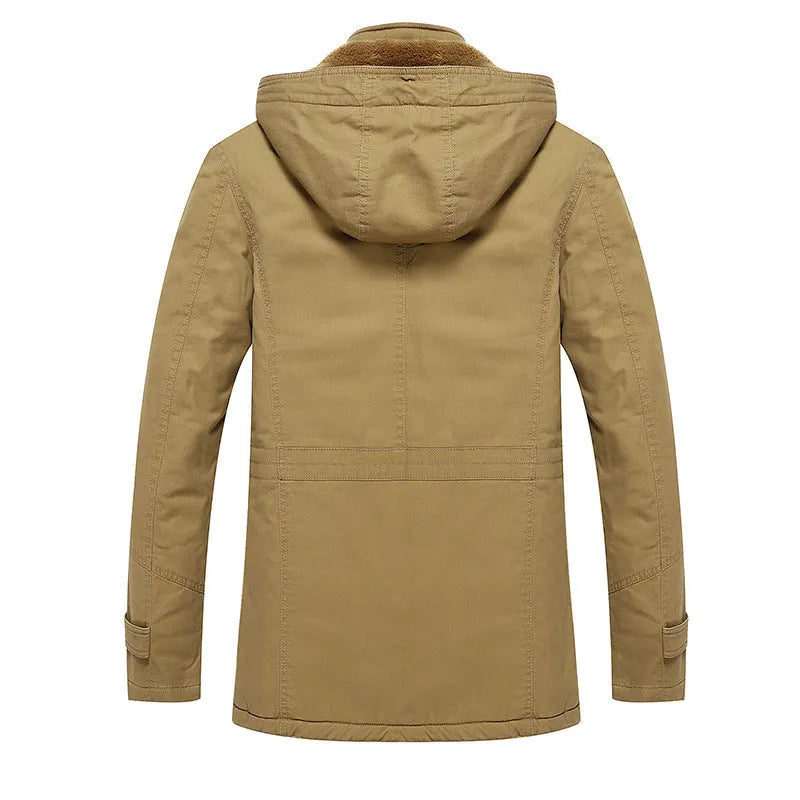 Men's fleece-lined warm cotton jacket in khaki, long sleeves, casual European and American style
