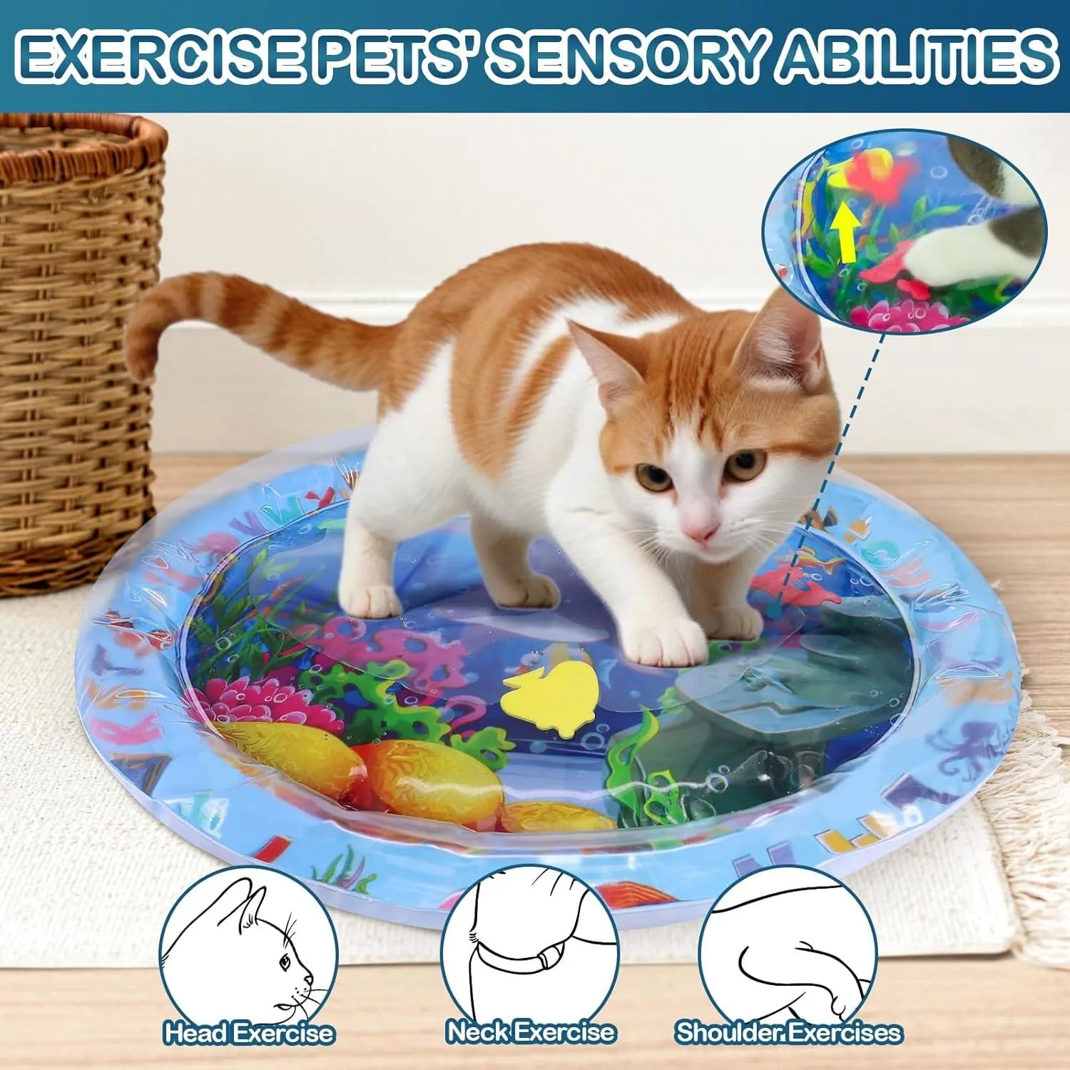 Square cat water play mat with ocean fish design and floating toys inside for sensory pet exercise