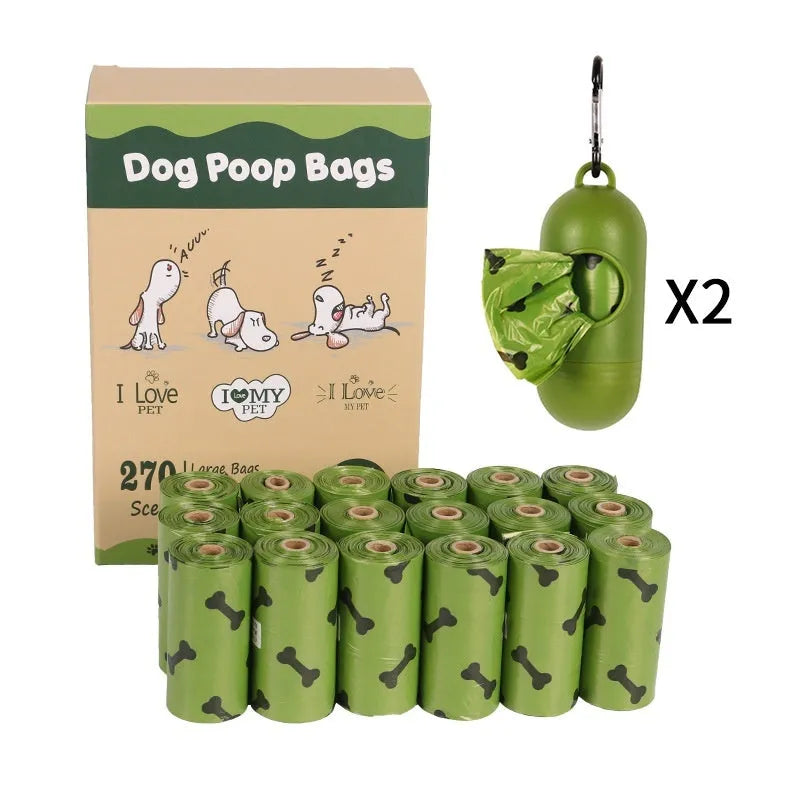 Military green degradable dog poop bags with black bone print, 23cm by 33cm size