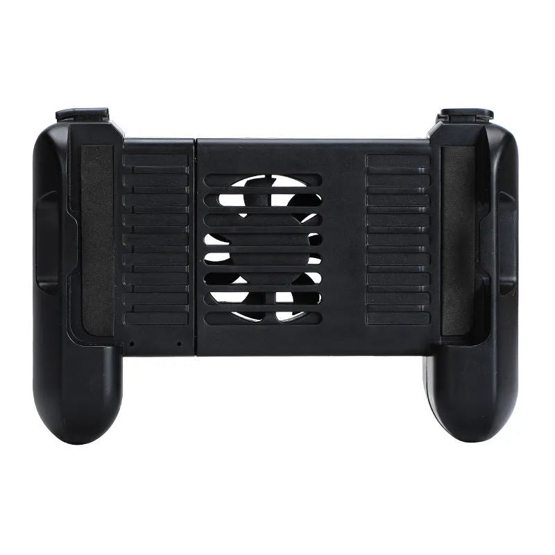 Black cooling Bluetooth game controller for iPhone, model P2, shown next to a mobile phone.