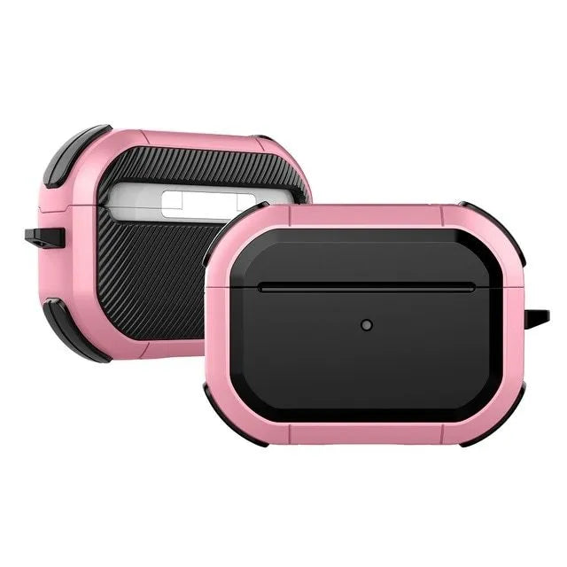 Black protective hard shell case for Apple AirPods Pro and AirPods 1/2 on a white background.