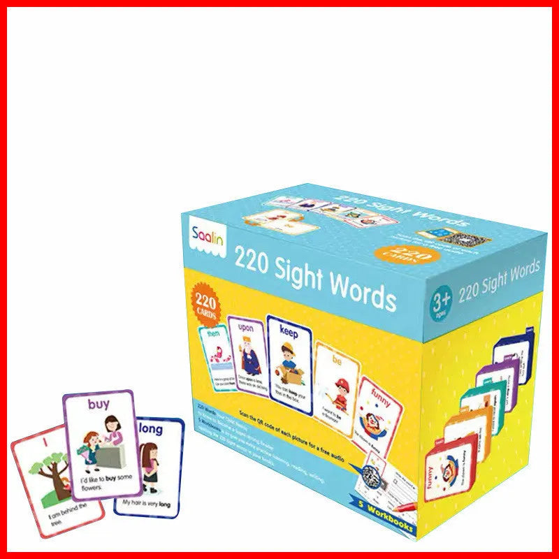 Early childhood educational word card gift box set with 220 vocabulary cards and 5 workbooks