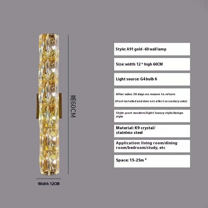 Crystal wall lamp with stainless steel base in chrome or gold finish, LED tricolour lighting, multiple size options