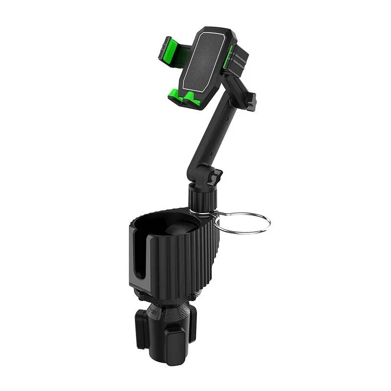 Green car drink and kettle holder with integrated mobile phone slot, showing compact plastic design.