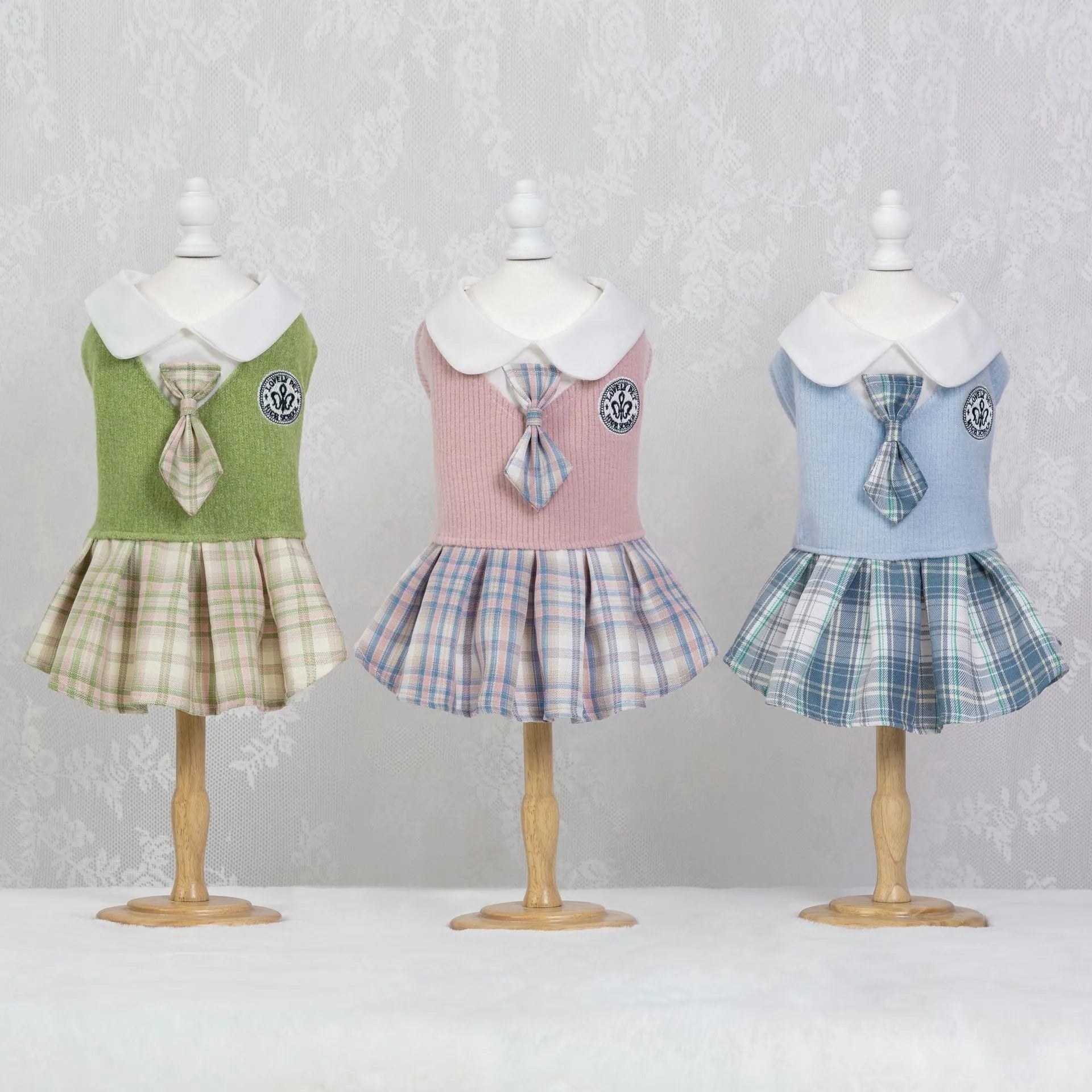Tartan polyester skirt for pets on a mannequin showing elastic waistband and princess silhouette