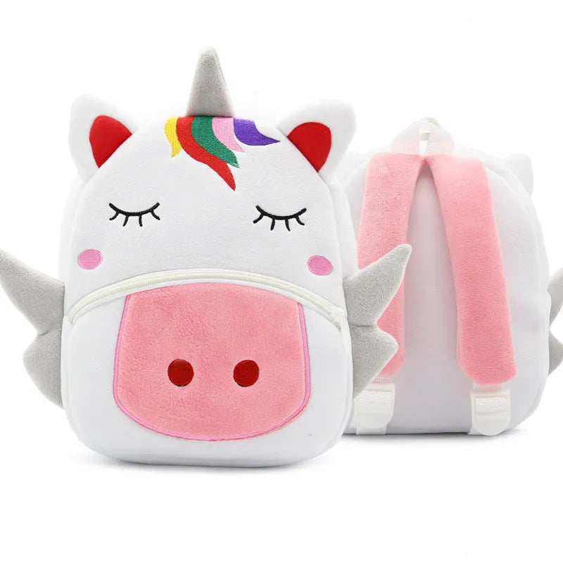 Children's plush animal backpack with zipper opening showing elephant design and dimensions 26x24x10cm